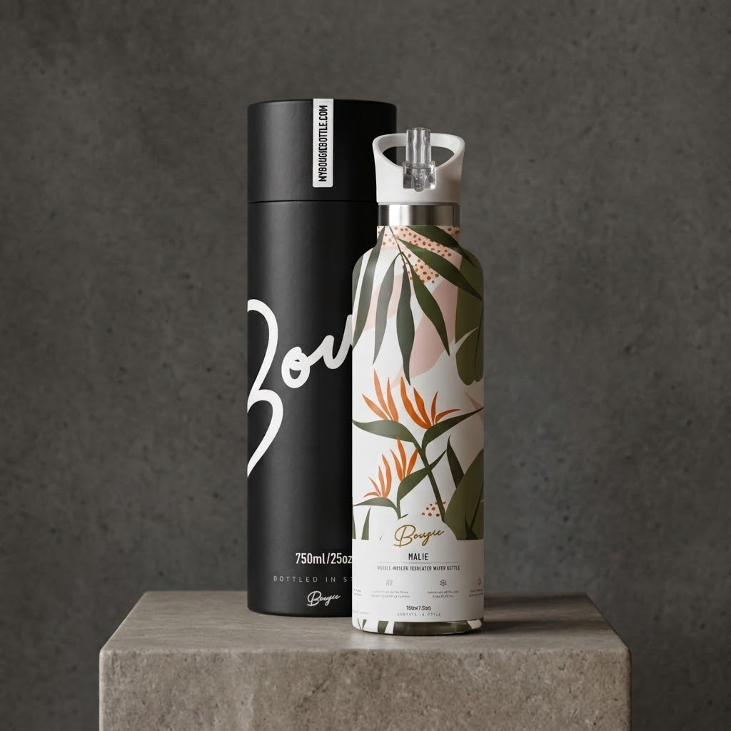 Malie 25 oz Insulated Bottle | Blue Hawaiian Floral on a concrete background