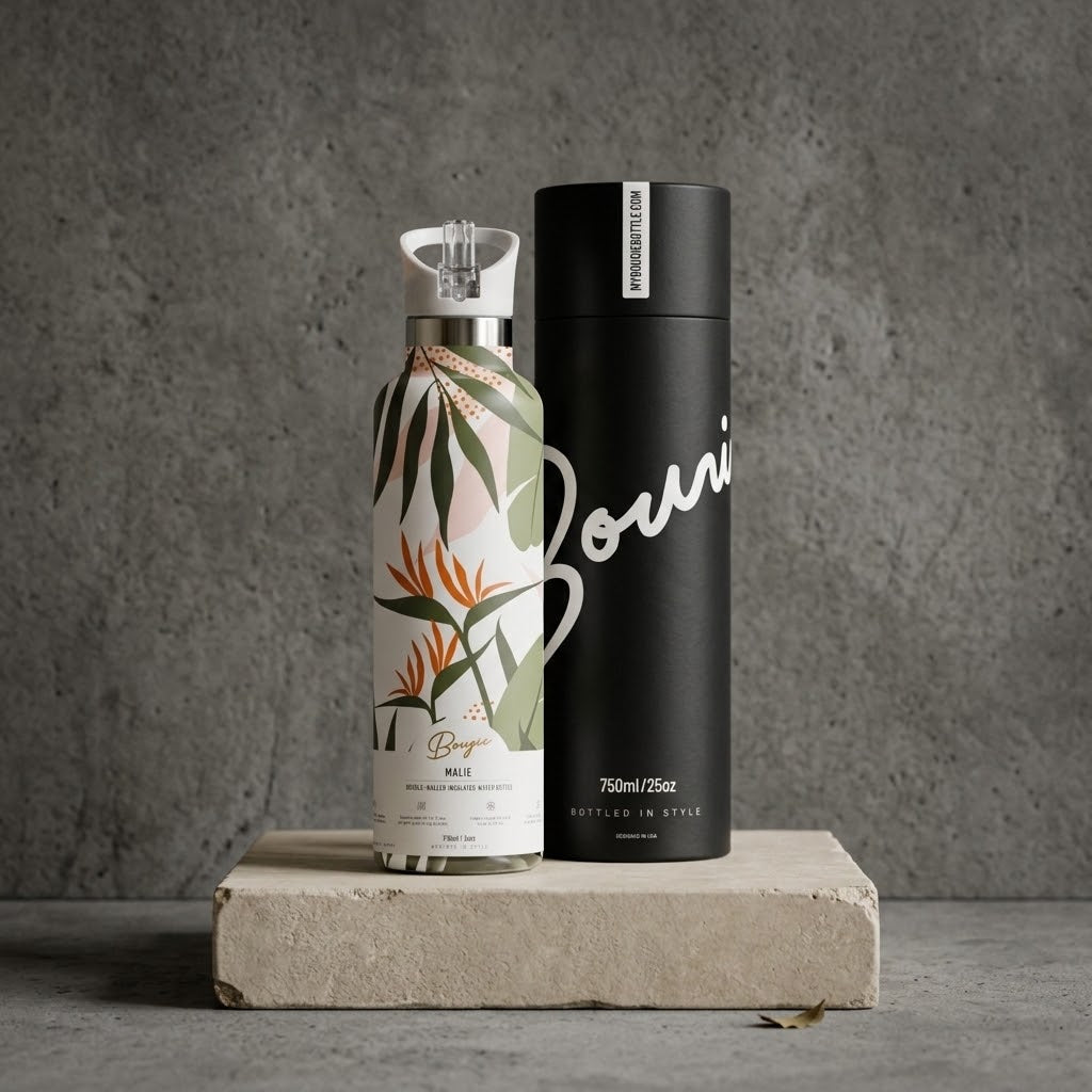 Malie 25 oz Insulated Bottle | Blue Hawaiian Floral on a cement background