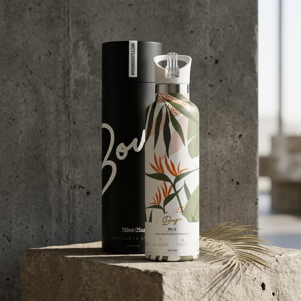 Malie 25 oz Insulated Bottle | Blue Hawaiian Floral on a concrete block