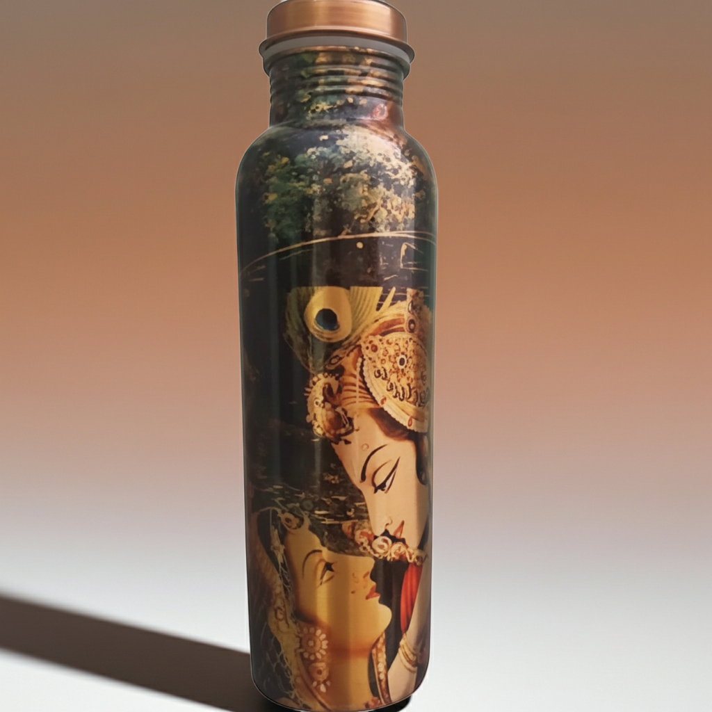 Krishna Radha Copper Water Bottle on a brown, tan and white gradient background