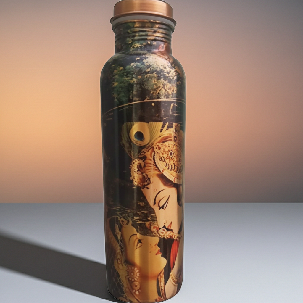 Krishna Radha Copper Water Bottle on a grey, tan and yellow gradient background