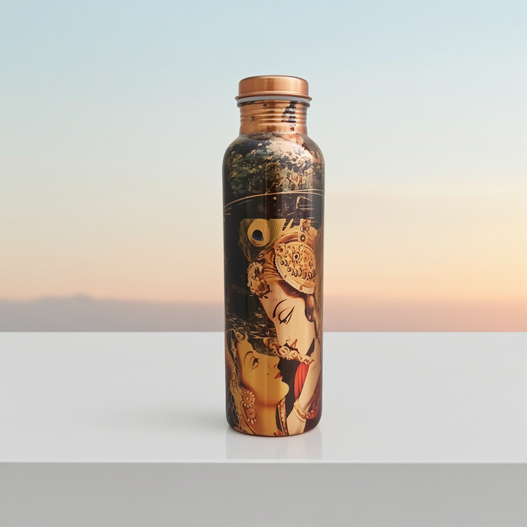 Krishna Radha Copper Water Bottle on a marble surface as the sun rises