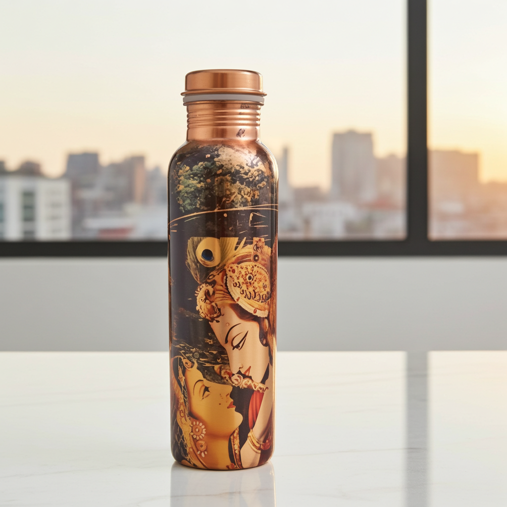 Krishna Radha Copper Water Bottle in a kitchen overlooking a city skyline at sunset