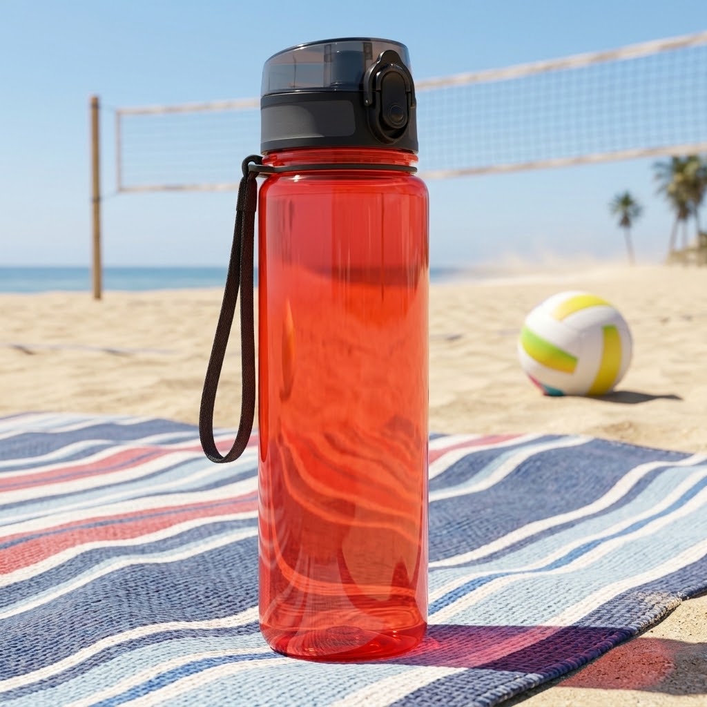 Tritan Sports Water Bottle with Carry Loop on a beach blanket with a volleyball net