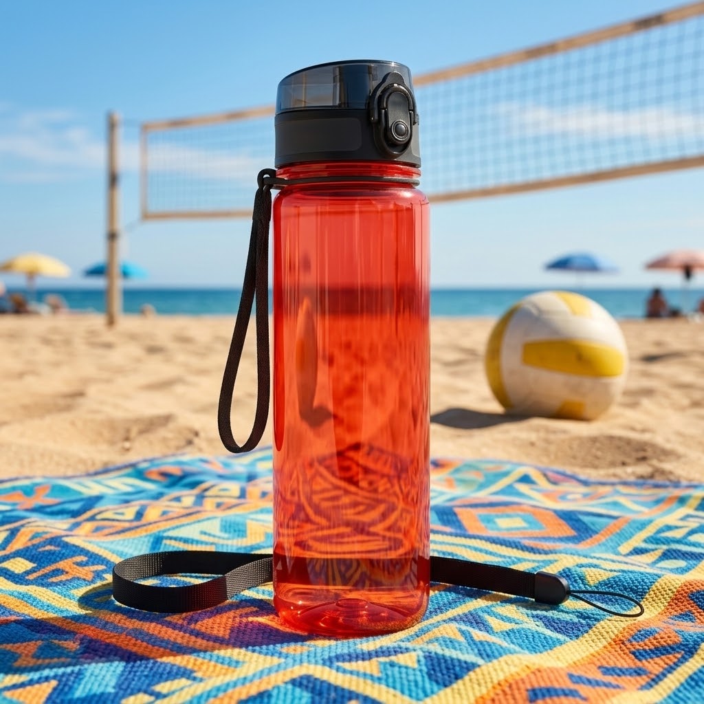 Tritan Sports Water Bottle with Carry Loop on a colorful beach blanket