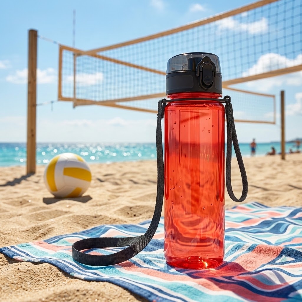 Tritan Sports Water Bottle with Carry Loop with a beach volleyball net and ball