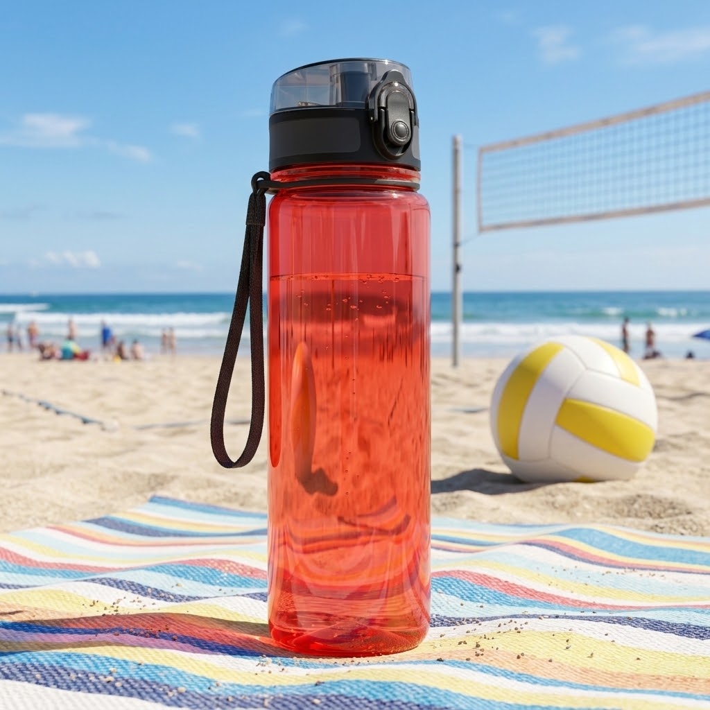 Tritan Sports Water Bottle with Carry Loop on a striped beach blanket with a volleyball