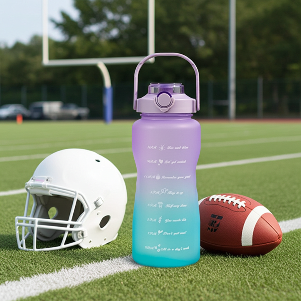 VPW 2L Athletic Water Bottle with Phone Holder on a football gridiron