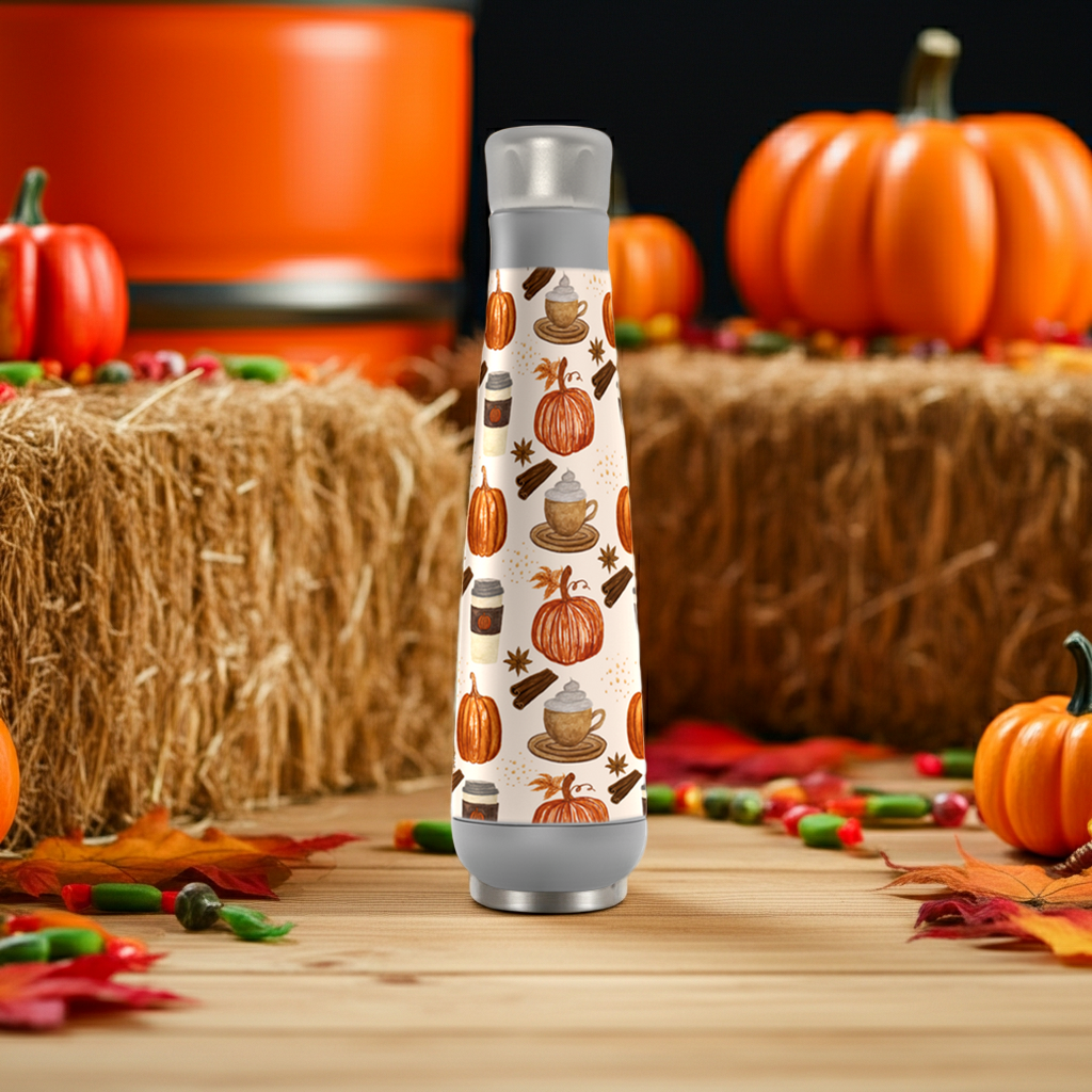 Pumpkin Spice Coffee Peristyle Water Bottle with Halloween pumpkins in the background