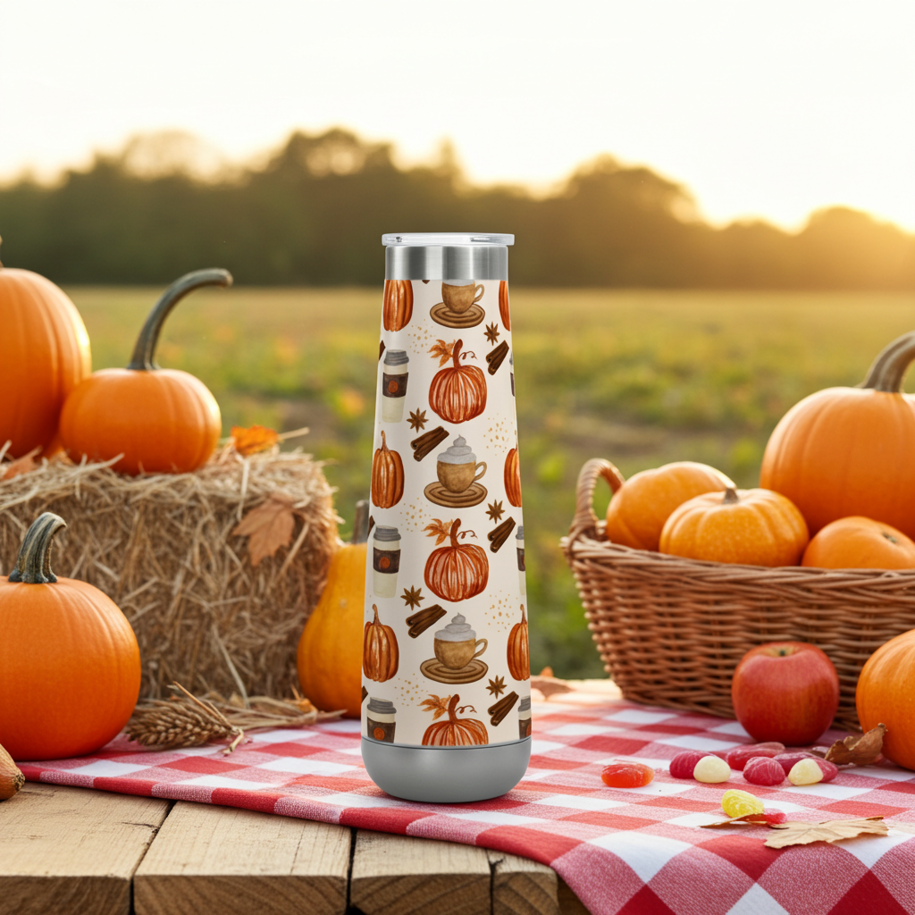 Pumpkin Spice Coffee Peristyle Water Bottle at an autumnal pumpkin patch 