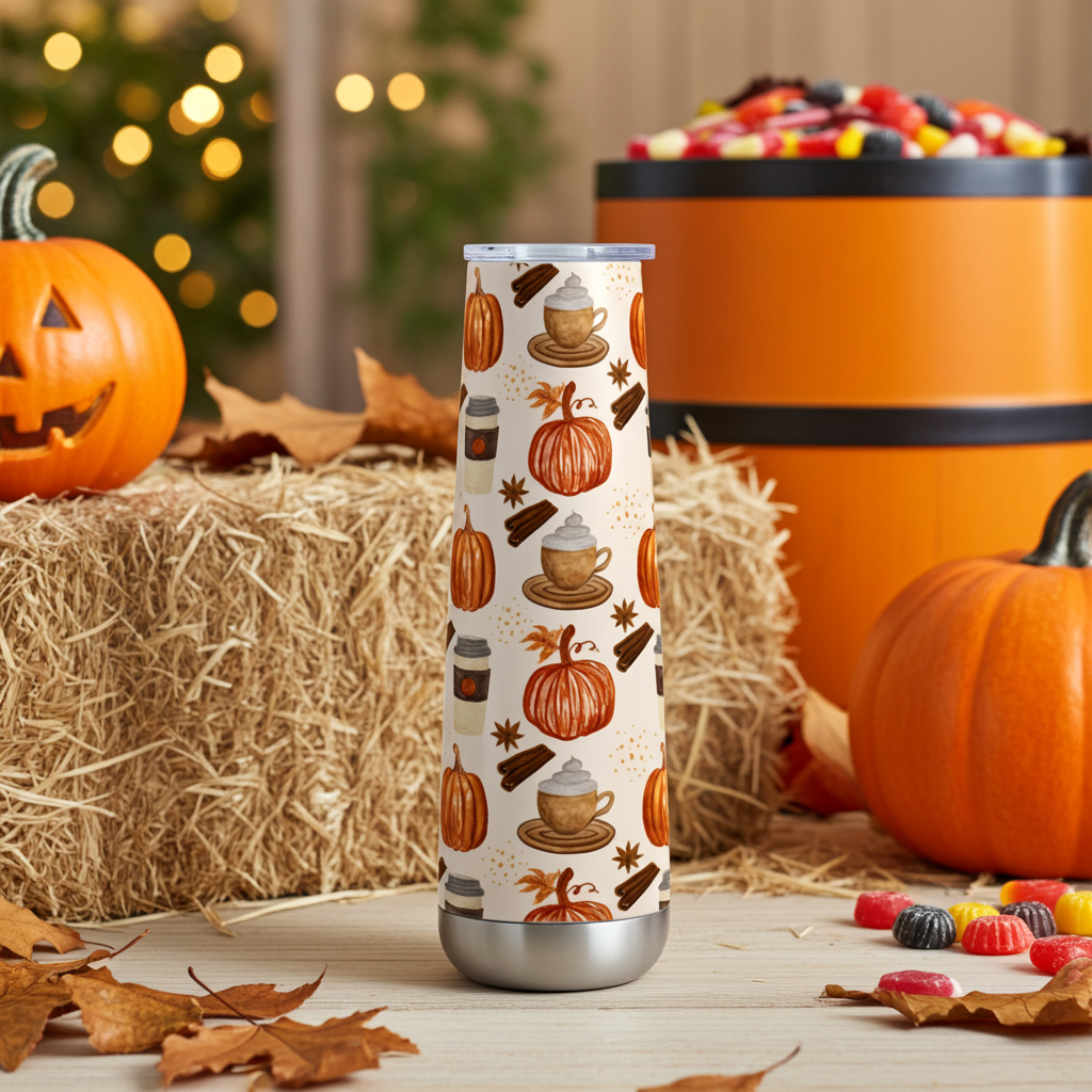 Pumpkin Spice Coffee Peristyle Water Bottle with Jack-o-Lanterns and Halloween candy 