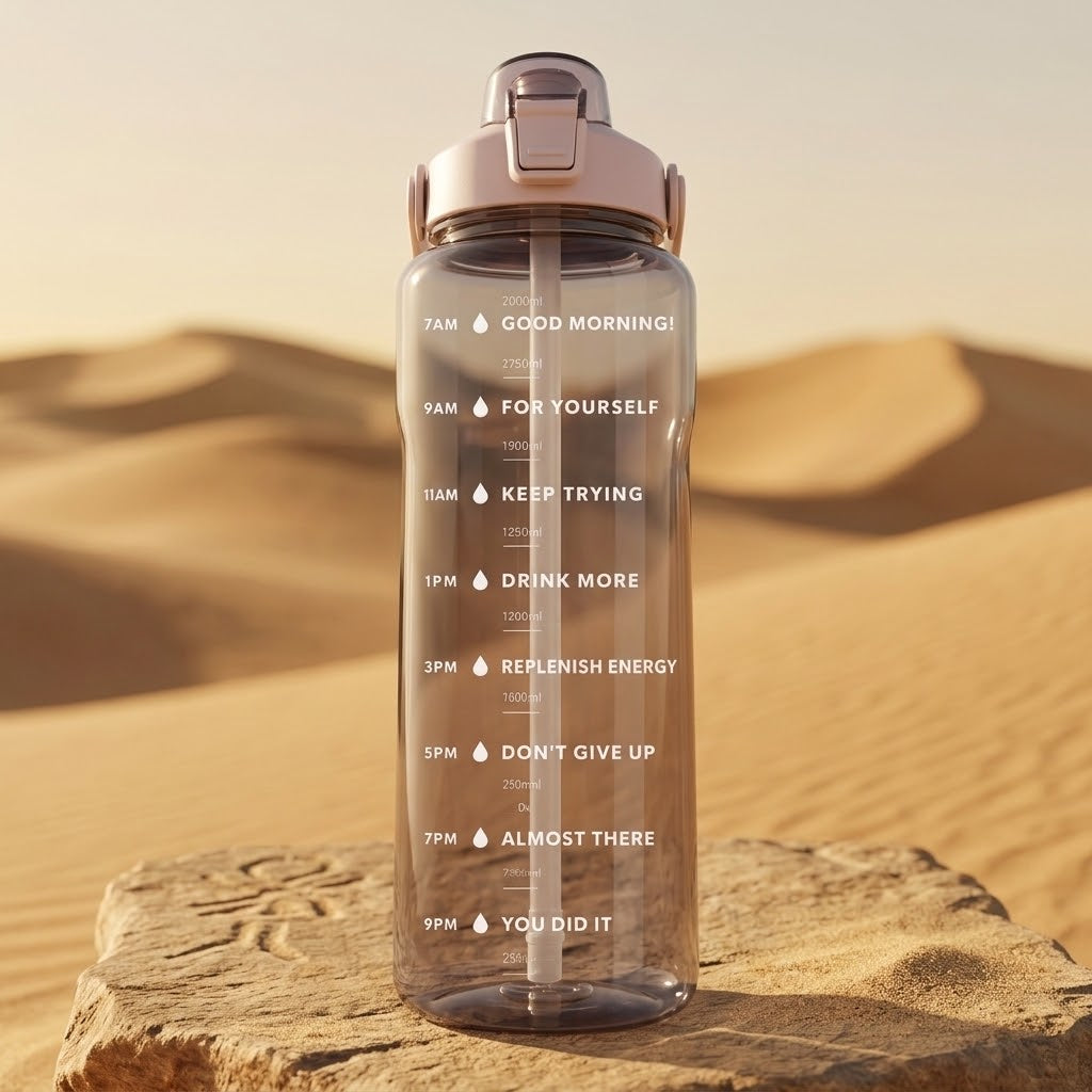 TrailFlow 2L Straw Water Bottle on a rock in a desert 