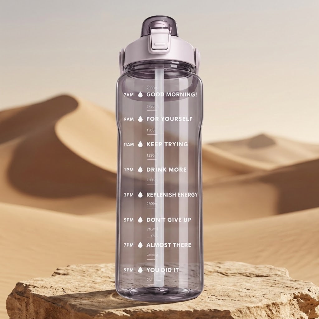 TrailFlow 2L Straw Water Bottle on a rock in sand dunes