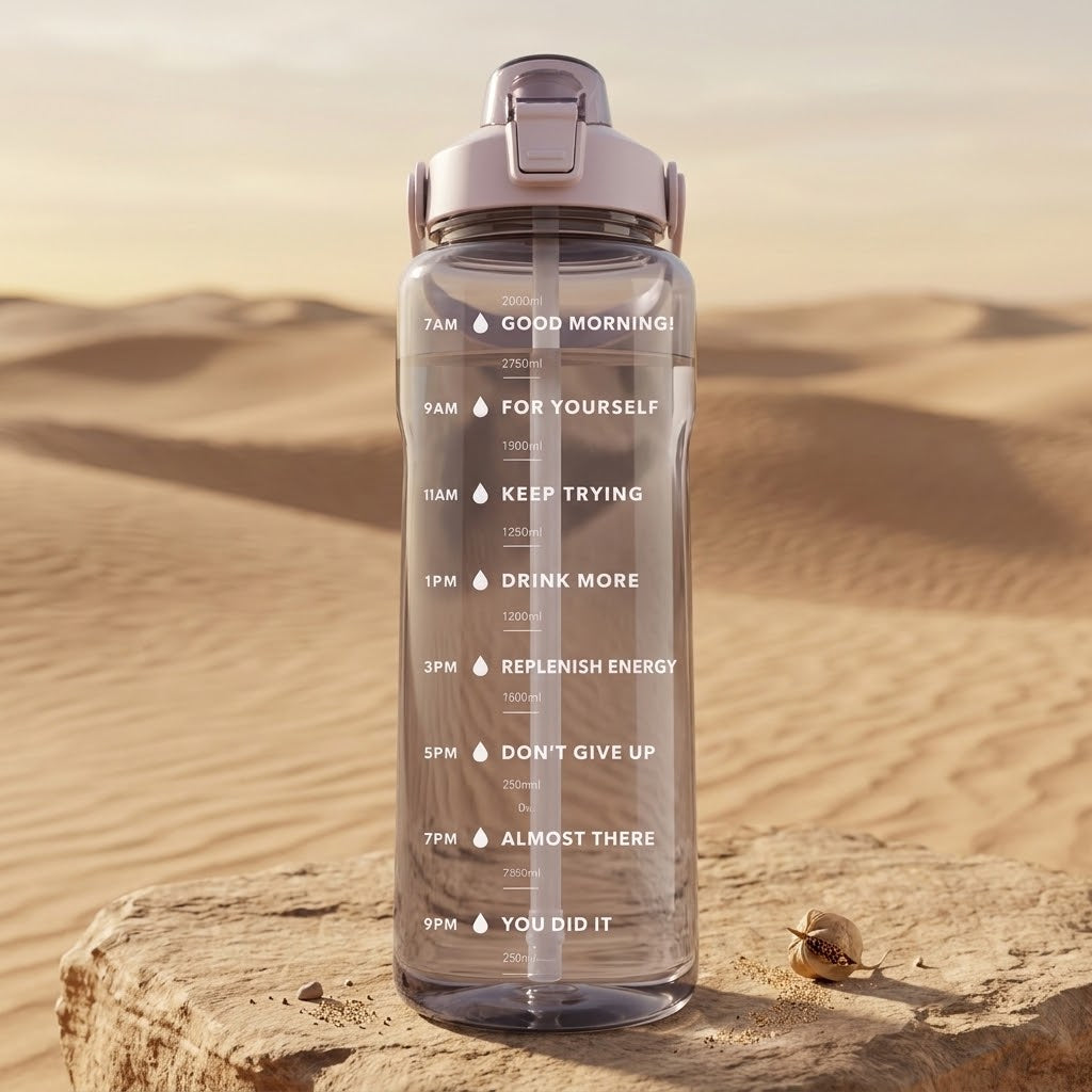 TrailFlow 2L Straw Water Bottle on a stone in desert dunes