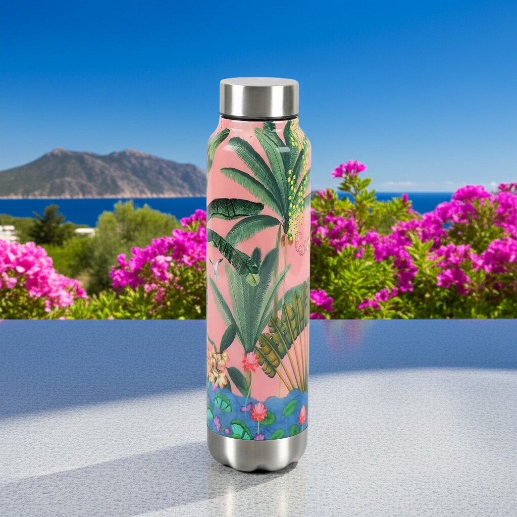 Tropical Daze Big Steel Bottle 750 mL with flowers at a seaside resort 