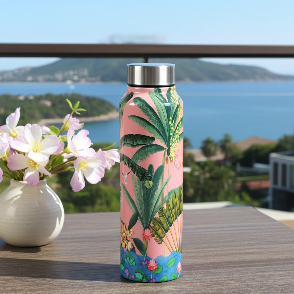 Tropical Daze Big Steel Bottle 750 mL next to a vase on a table overlooking a coastline 