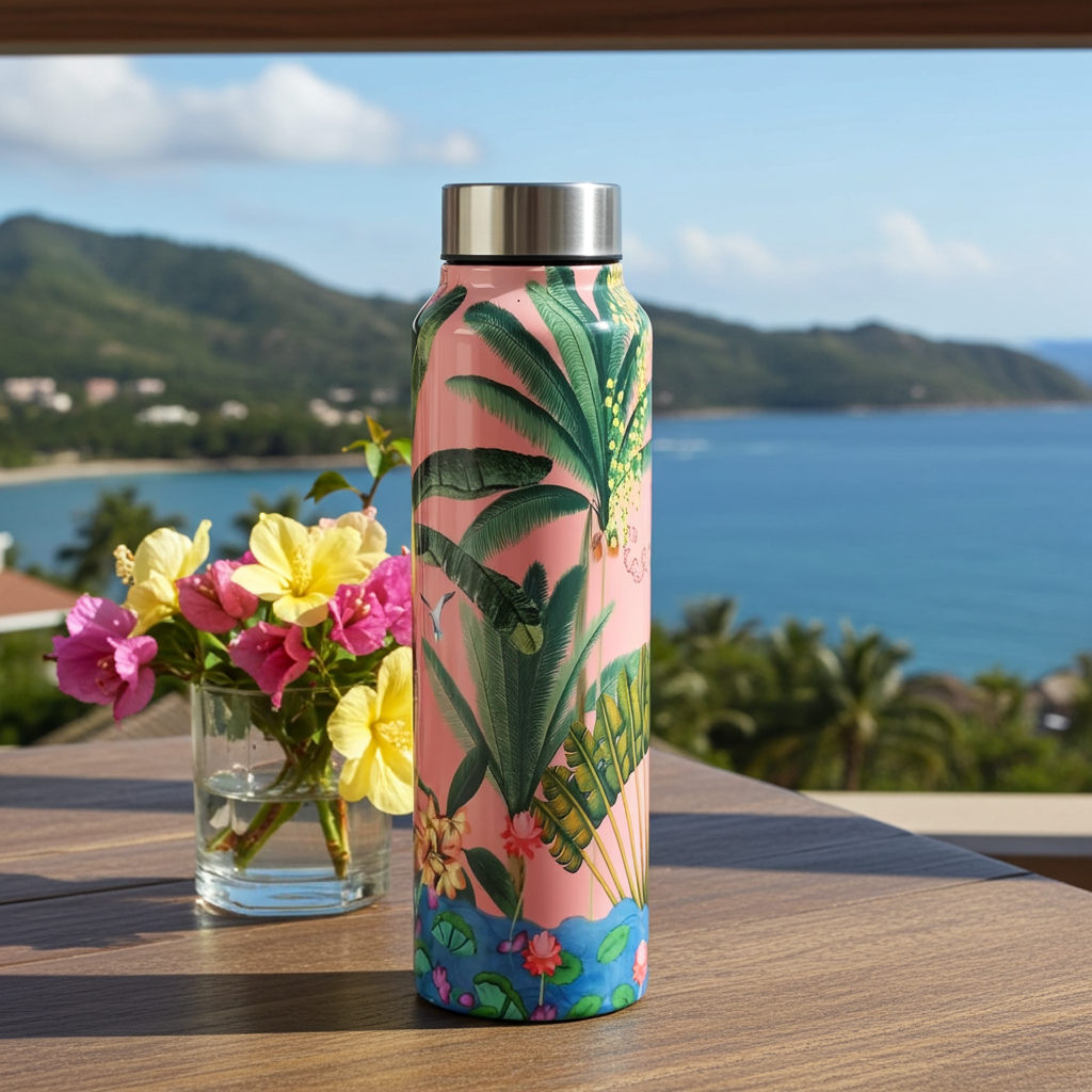 Tropical Daze Big Steel Bottle 750 mL on a table at a resort balcony 