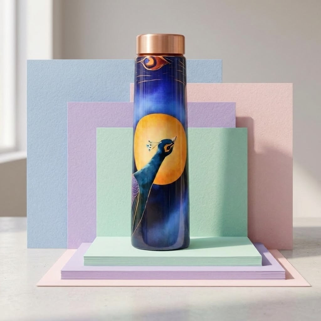 Sowpeace Peacock Moonlit Copper Bottle on a multicolor pastel background