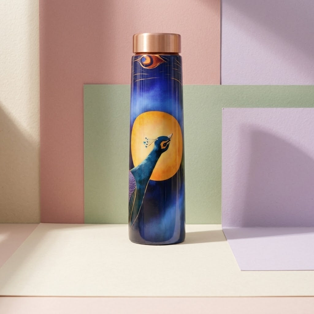 Sowpeace Peacock Moonlit Copper Bottle in a pastel studio setting