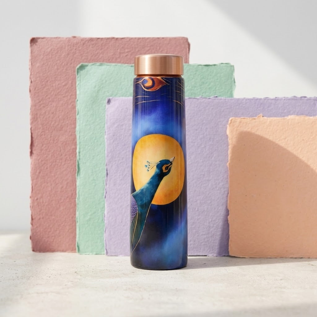 Sowpeace Peacock Moonlit Copper Bottle in a pastel studio scene