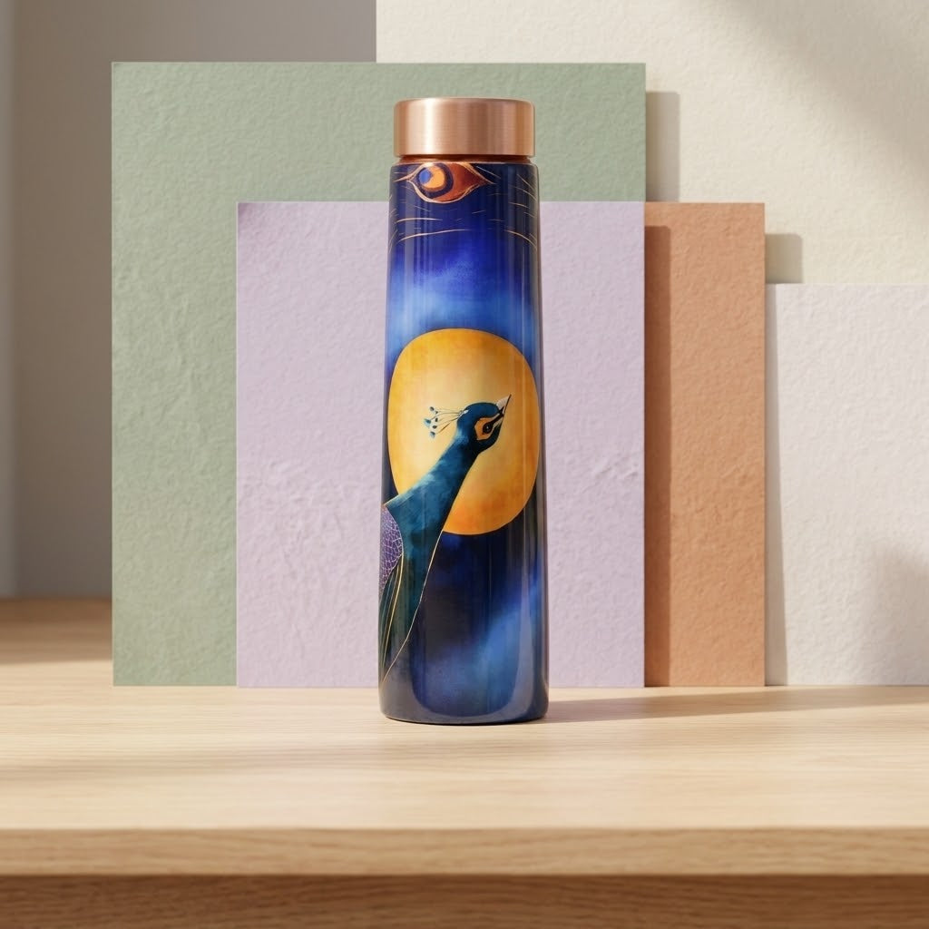 Sowpeace Peacock Moonlit Copper Bottle with pastel colored walls