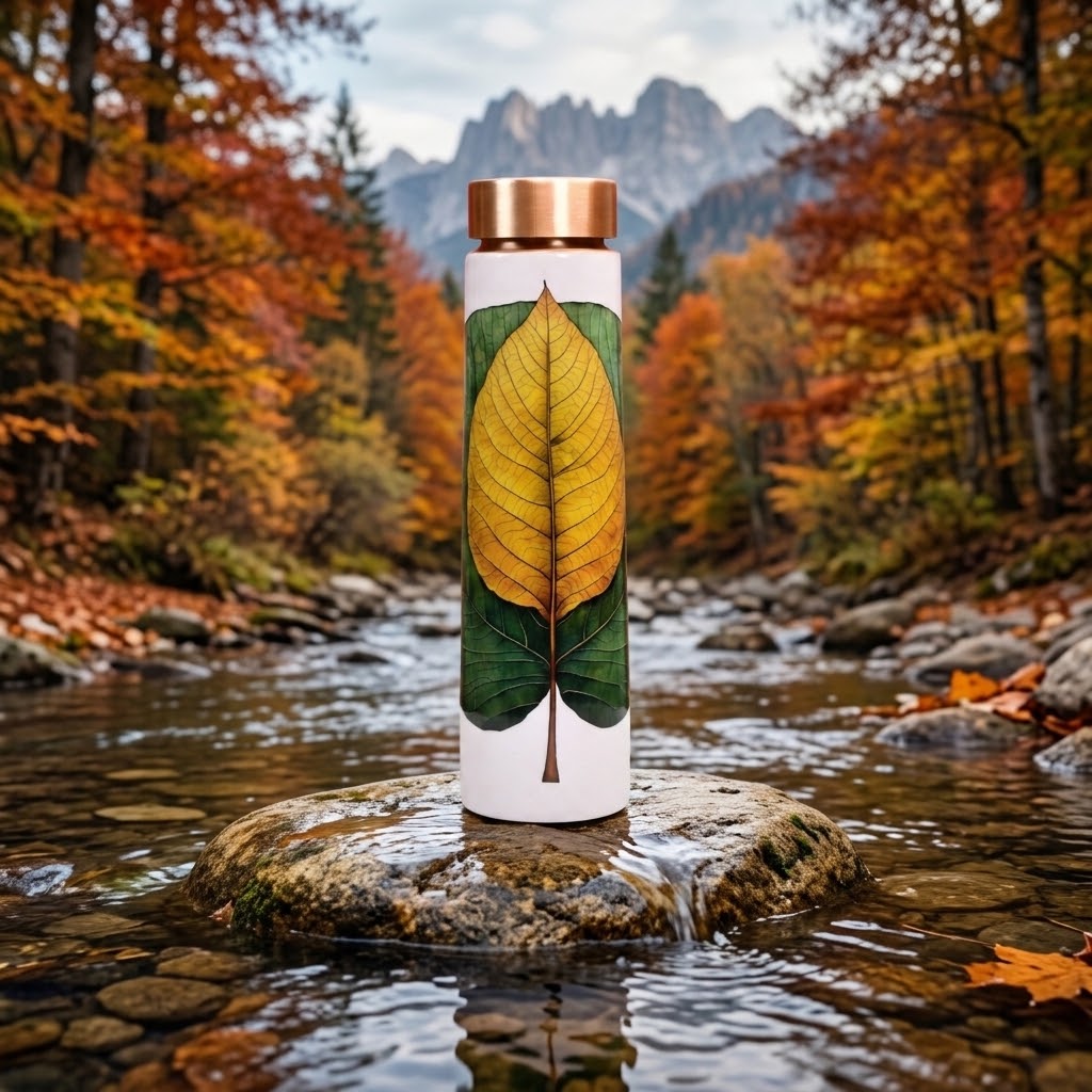 Sowpeace Ethereal Leaf Copper Bottle on a rock in a fall stream