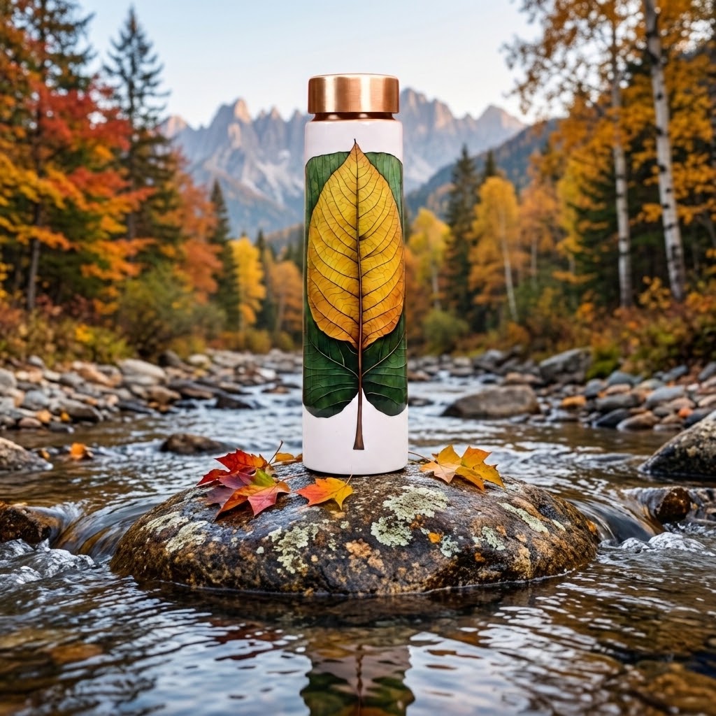 Sowpeace Ethereal Leaf Copper Bottle in an autumnal forest setting