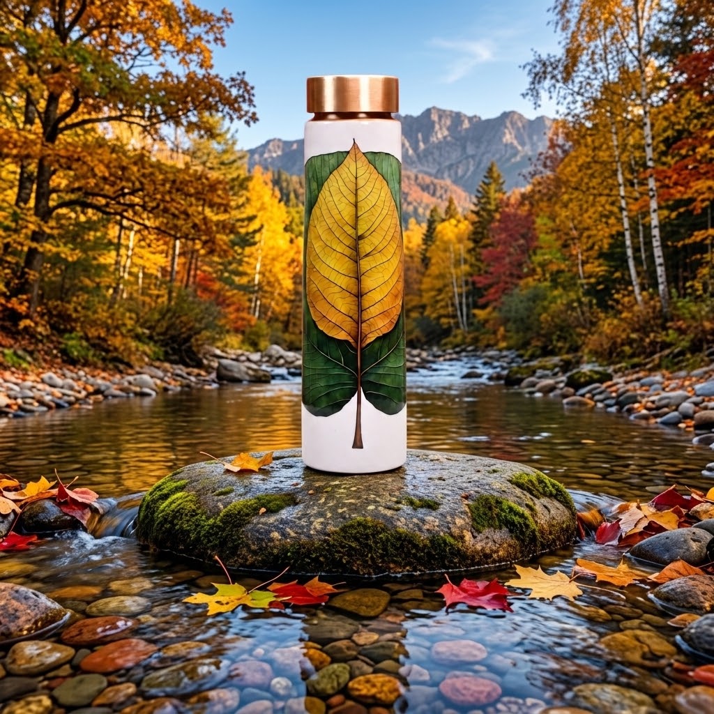 Sowpeace Ethereal Leaf Copper Bottle on a stone in the middle of a river