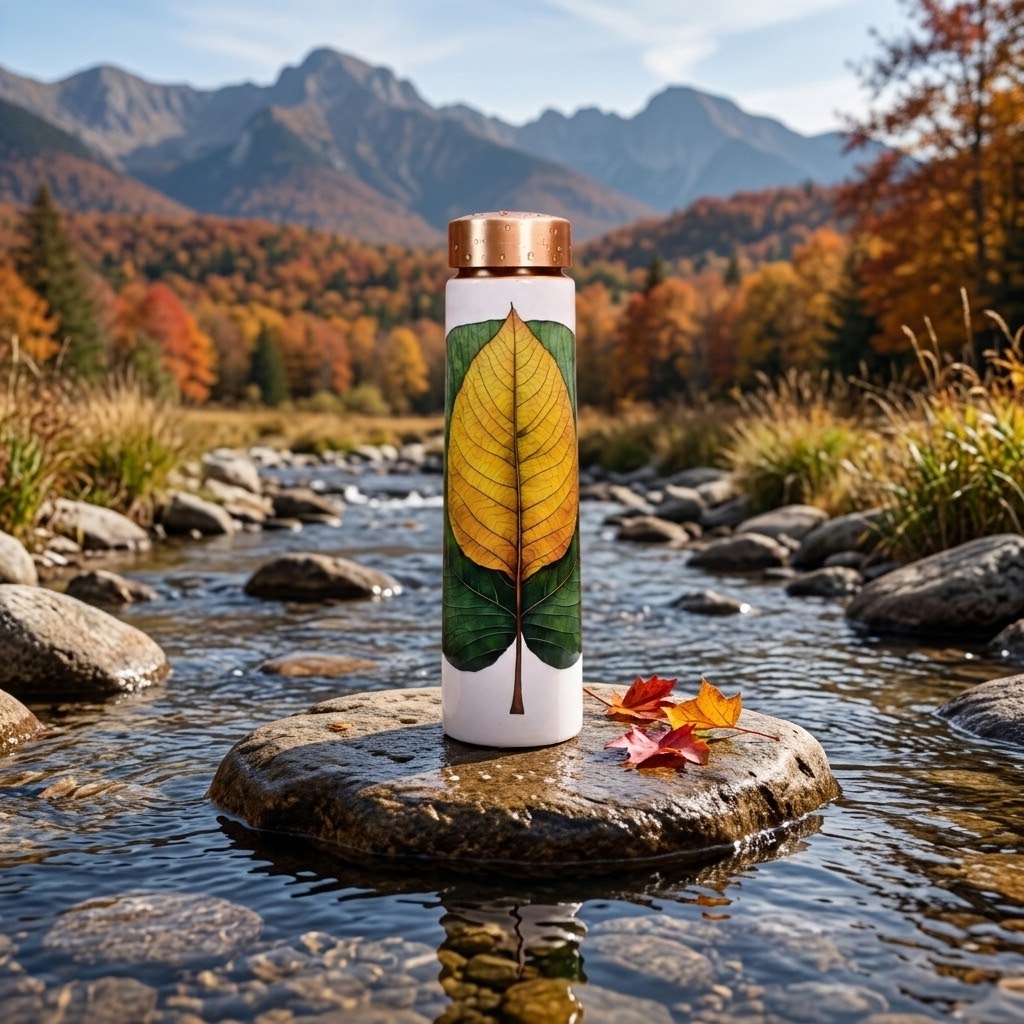 Sowpeace Ethereal Leaf Copper Bottle in stream running through an autumn valley