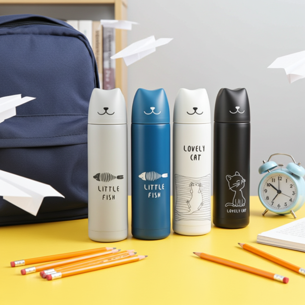 Lovely Cat Stainless Steel Water Bottle full set on a desk with a backpack and pencils