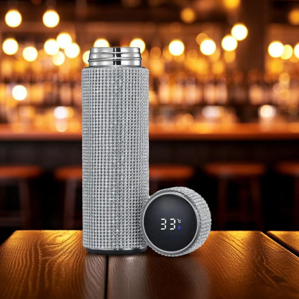 Diamond Luxe Smart Thermos Bottle in a late-night bar