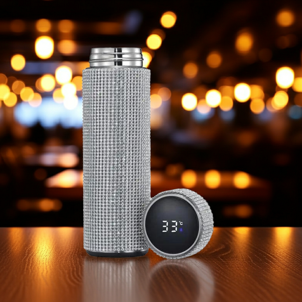 Diamond Luxe Smart Thermos Bottle on a bar countertop at night
