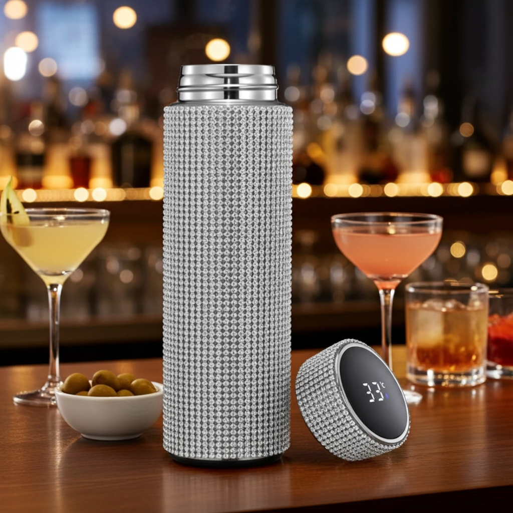 Diamond Luxe Smart Thermos Bottle on a bar with cocktails and olives 