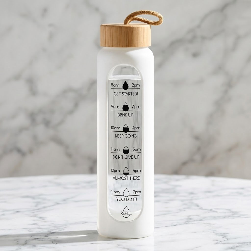 1 L Borosilicate Glass Water Bottle on a marble background