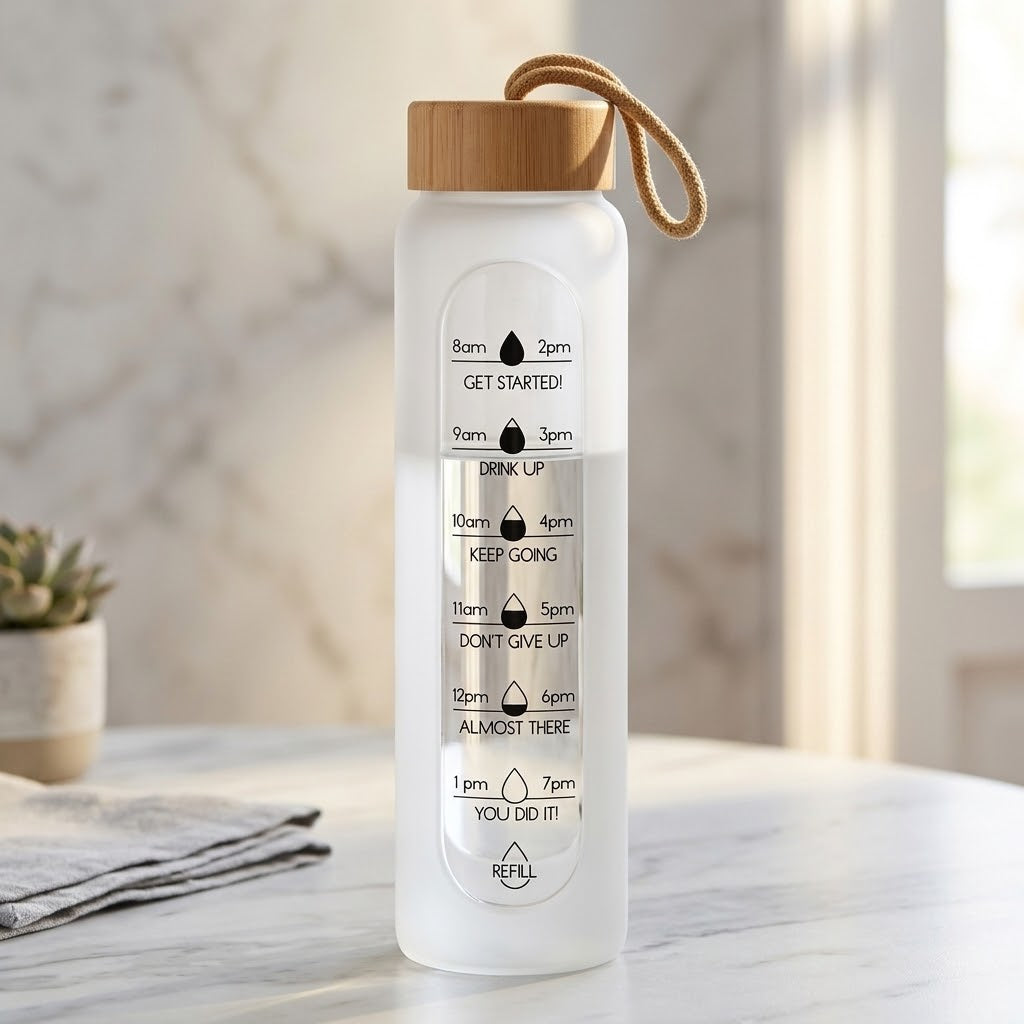 1 L Borosilicate Glass Water Bottle on a marble table with a houseplant and cloth