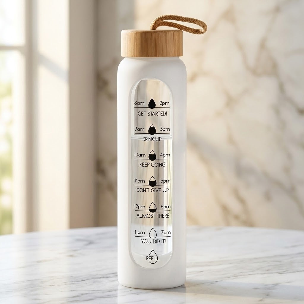 1 L Borosilicate Glass Water Bottle on a round marble table
