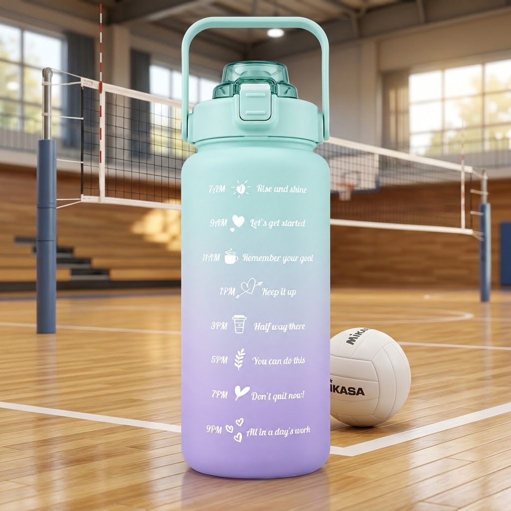 HydraTrack 68 oz Motivational Water Bottle in a school gym