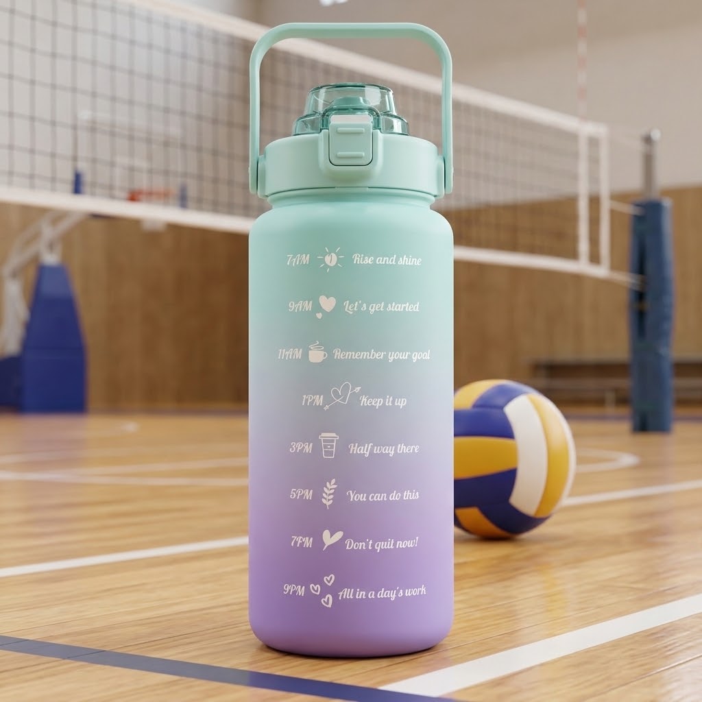 HydraTrack 68 oz Motivational Water Bottle at a volleyball game