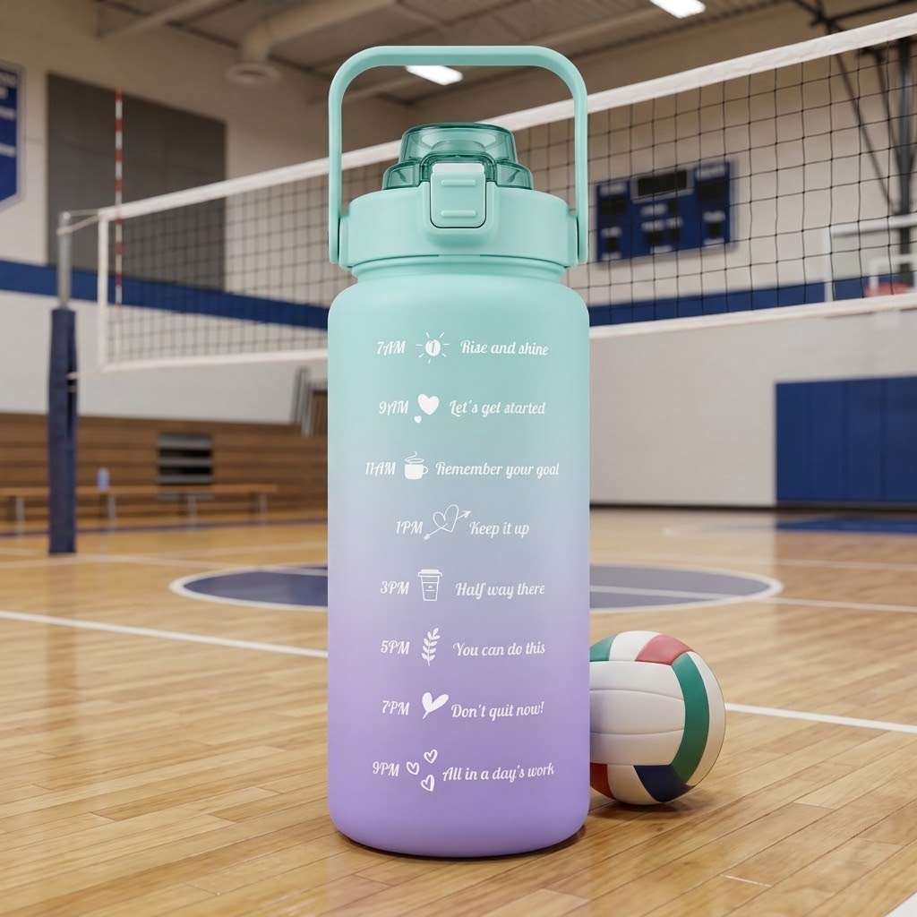 HydraTrack 68 oz Motivational Water Bottle in a gym with volleyball net and ball