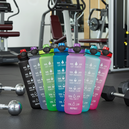 1L Tritan Water Bottle With Time Marker in a gym surrounded by weights and exercise machines