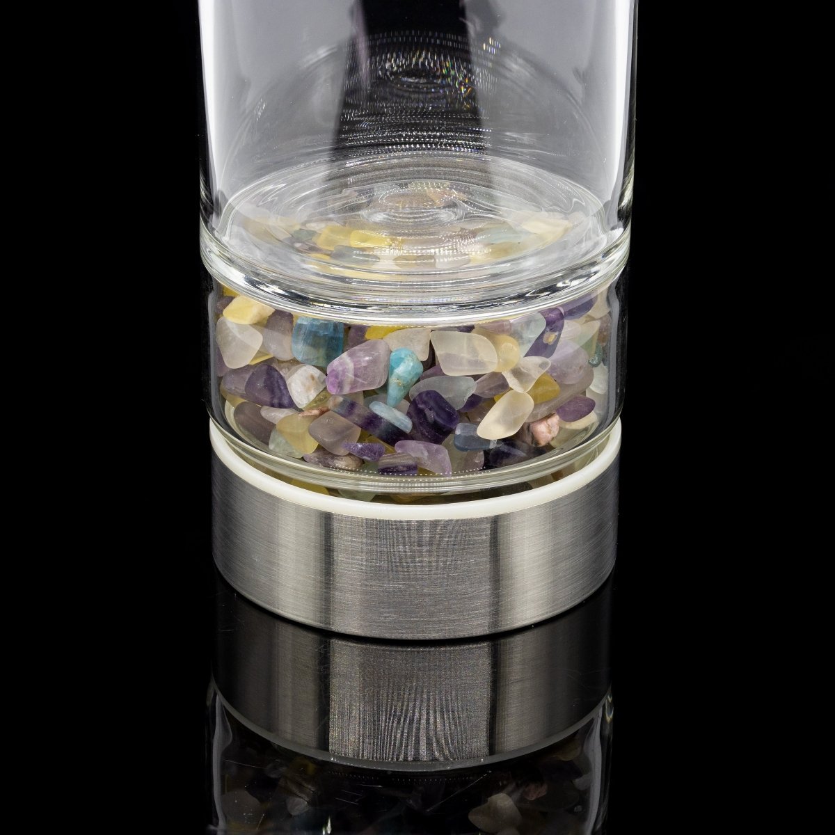 Fluorite Gemstone Metal Glass Water Bottle (1 Piece) Size 12 Inches with Black Protective Sleeve Crystal River Gems
