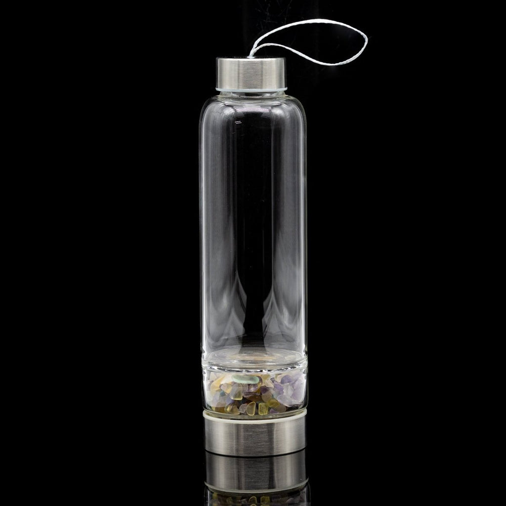 Fluorite Gemstone Metal Glass Water Bottle (1 Piece) Size 12 Inches with Black Protective Sleeve Crystal River Gems