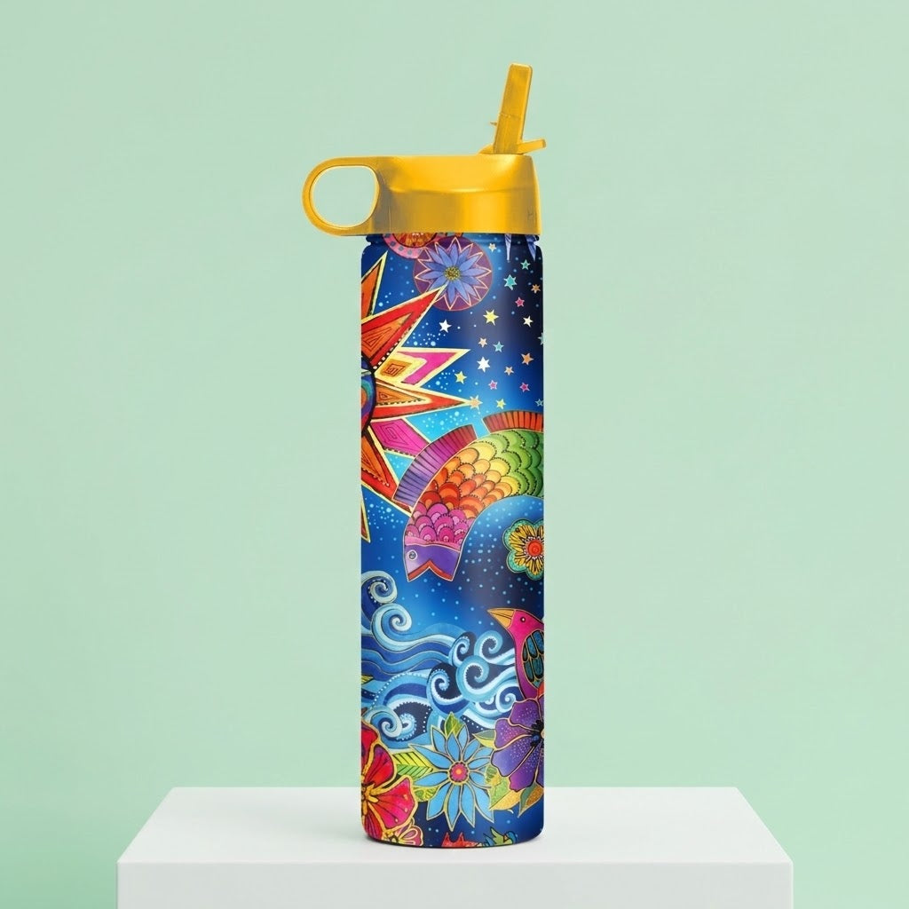 Laurel Burch "Celestial Magic" 24 oz Insulated Tumbler on a green background