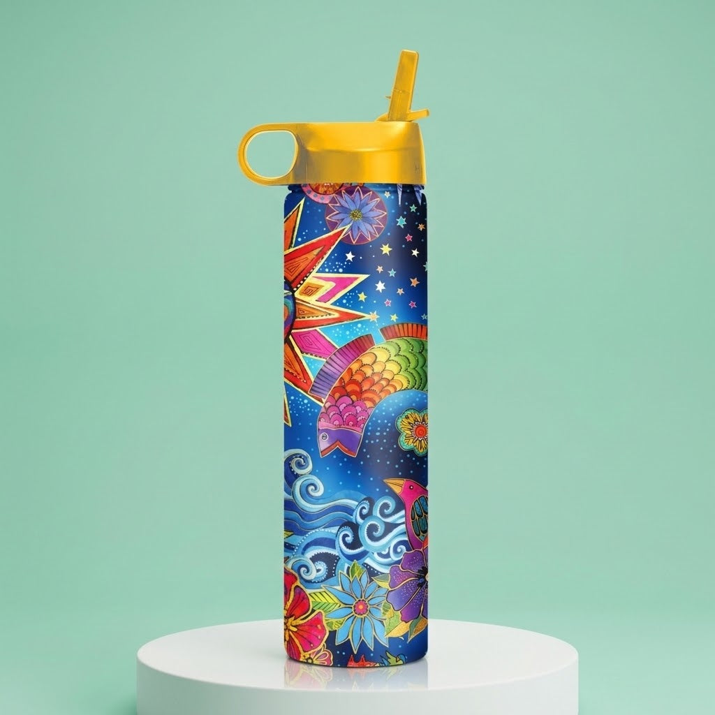 Laurel Burch "Celestial Magic" 24 oz Insulated Tumbler on a round platform in a studio scene