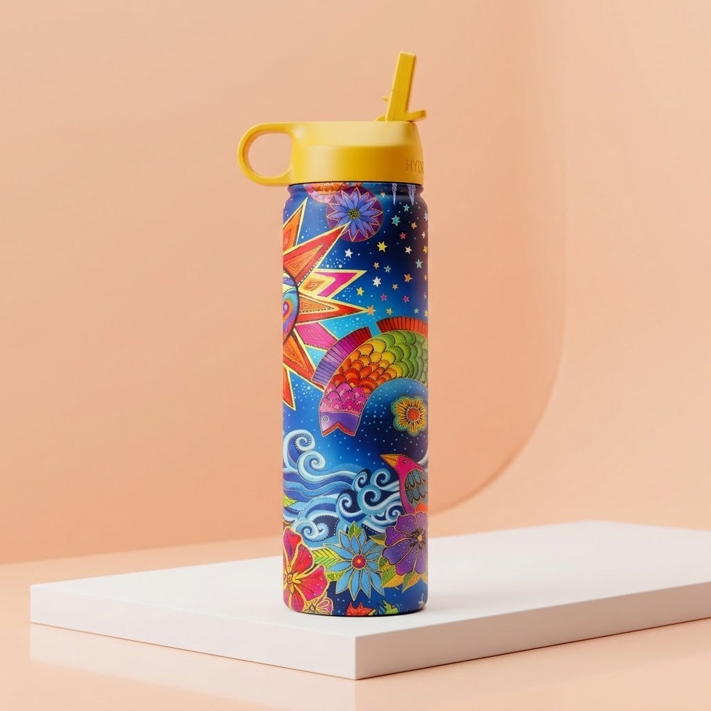 Laurel Burch "Celestial Magic" 24 oz Insulated Tumbler on a peach backdrop