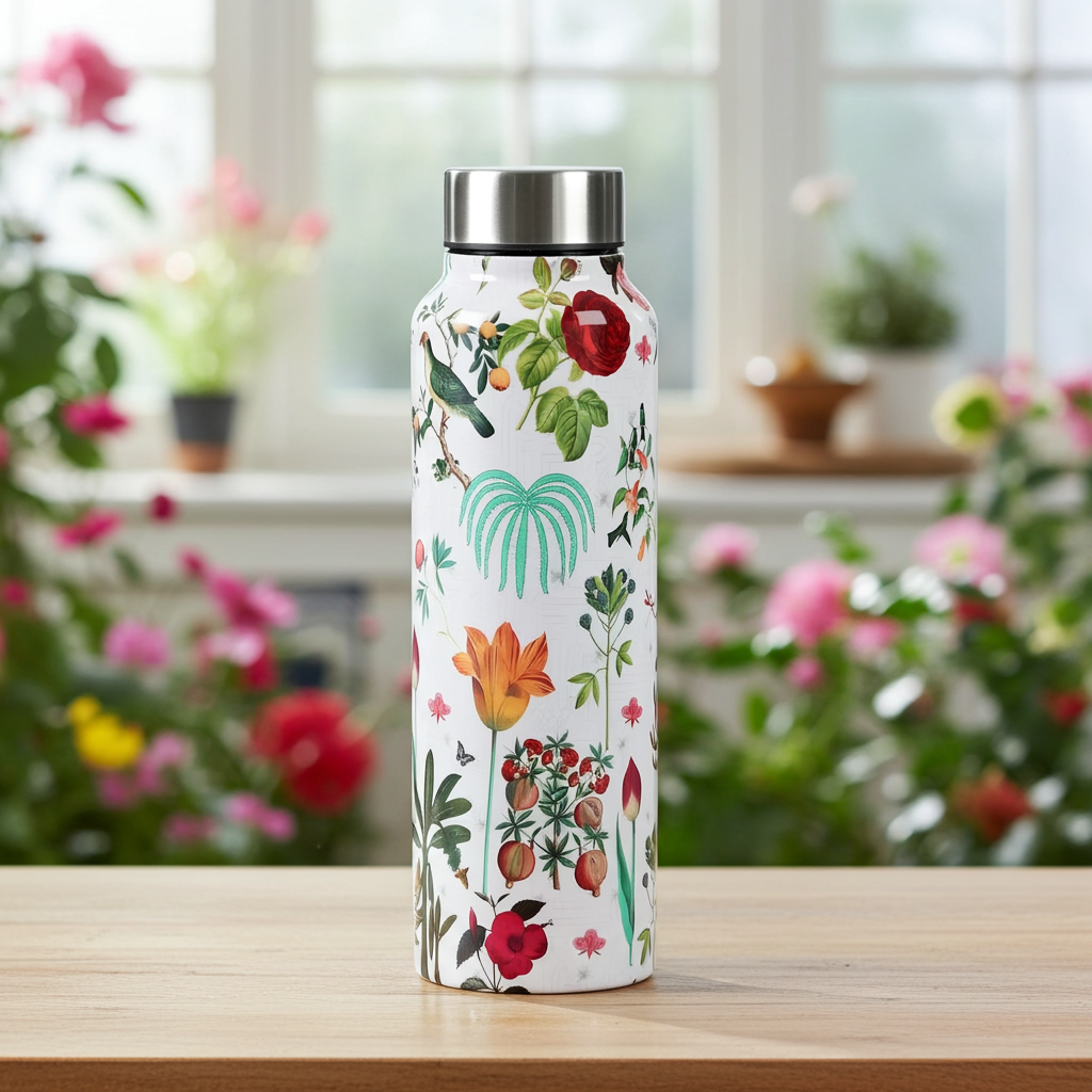 Petal and Plume Big Steel Bottle 750 mL in a kitchen with houseplants