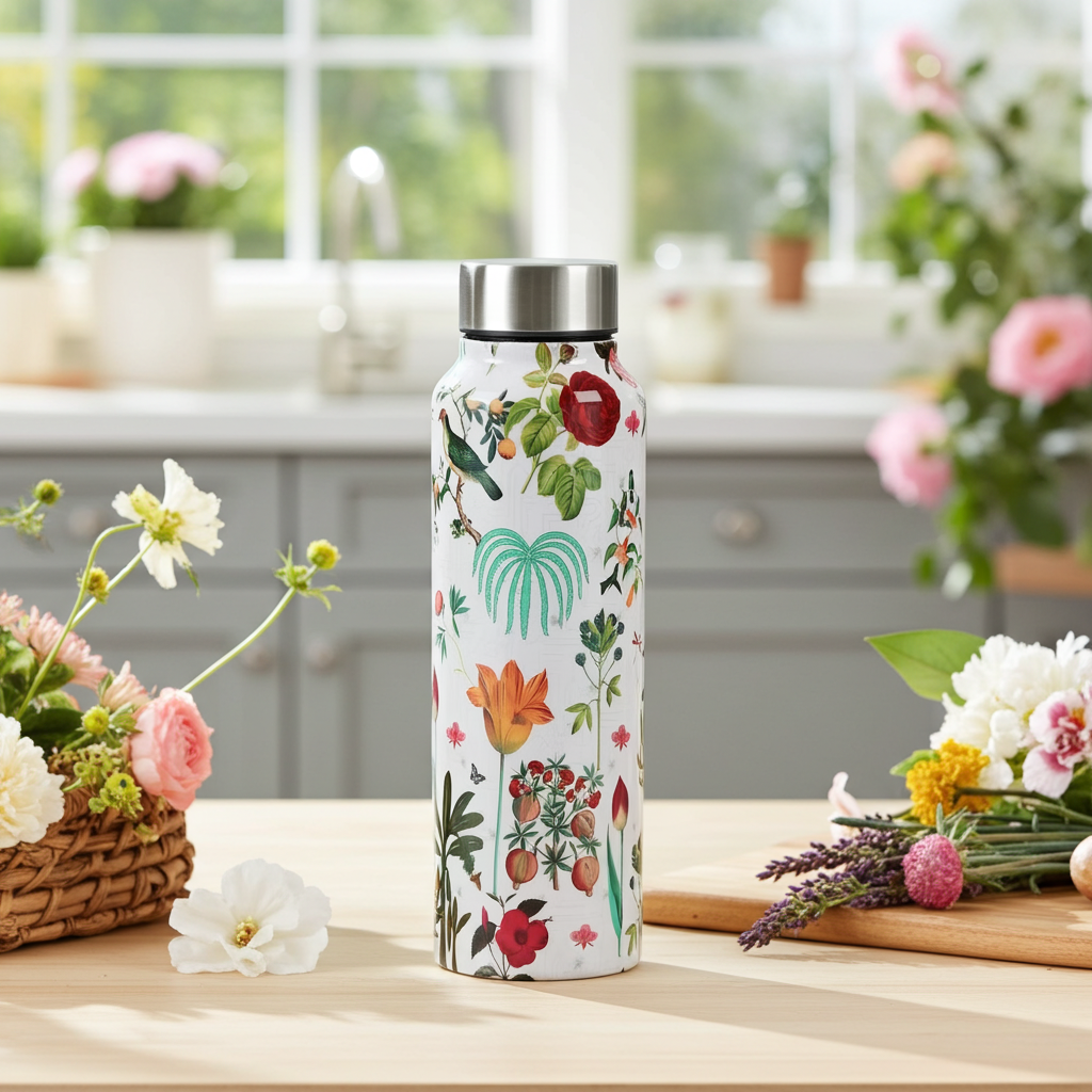 Petal and Plume Big Steel Bottle 750 mL in a kitchen decorated with flowers