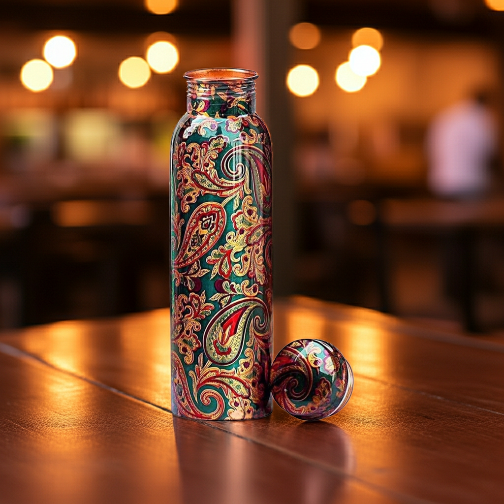 1L Multicolor Designer Pure Copper Water Bottle on a table at a bar