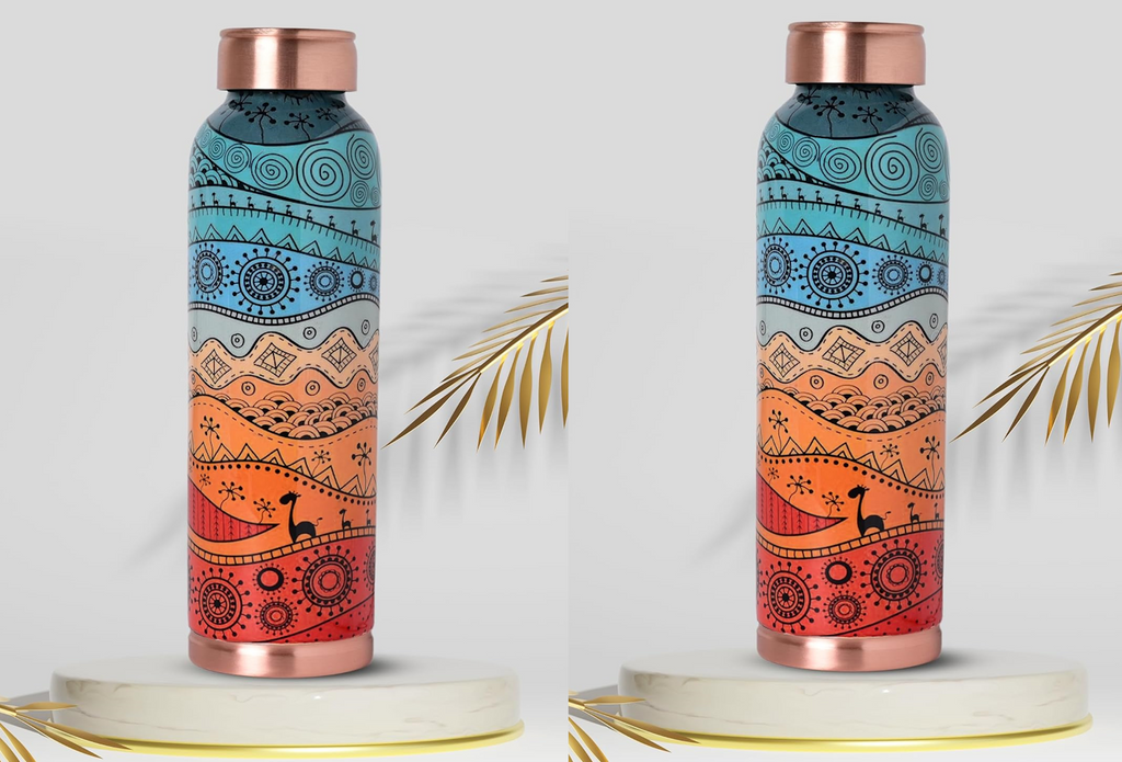 Decorative India Copper Printed Design 1 Litre Water Bottle Pack of 2