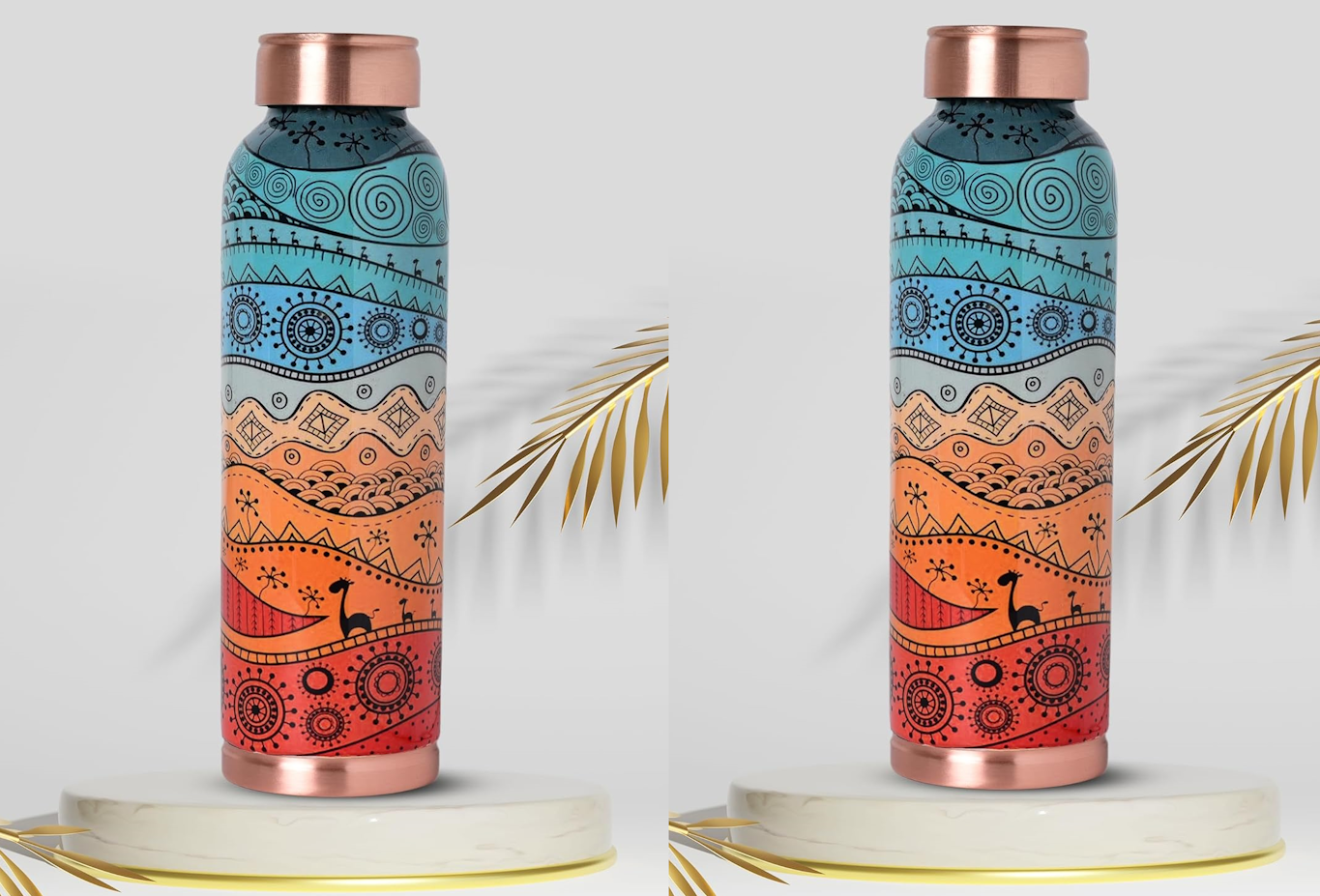 Decorative India Copper Printed Design 1 Litre Water Bottle Pack of 2